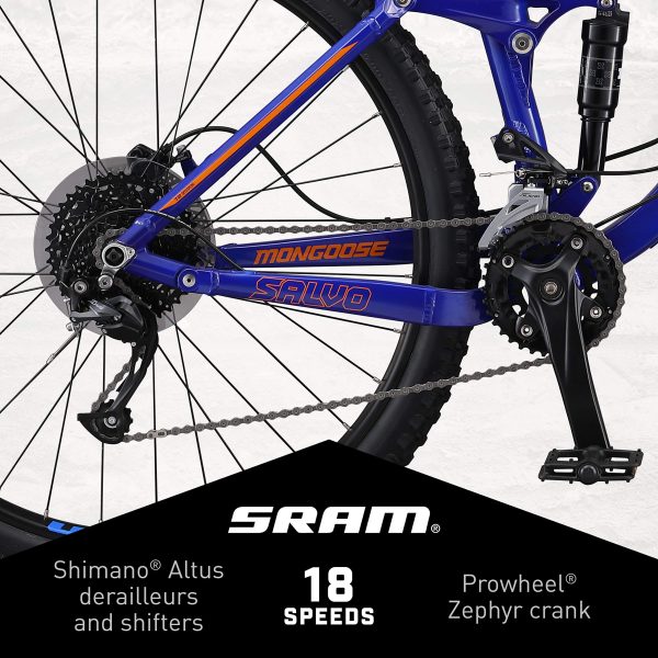 Mongoose Salvo Sport Mountain Bike for Adult, 18-Speed Trigger Shifter, 29-Inch Wheels, Full Suspension, 16-Inch Small Frame, Hydraulic Disc Brakes, Blue - Image 6